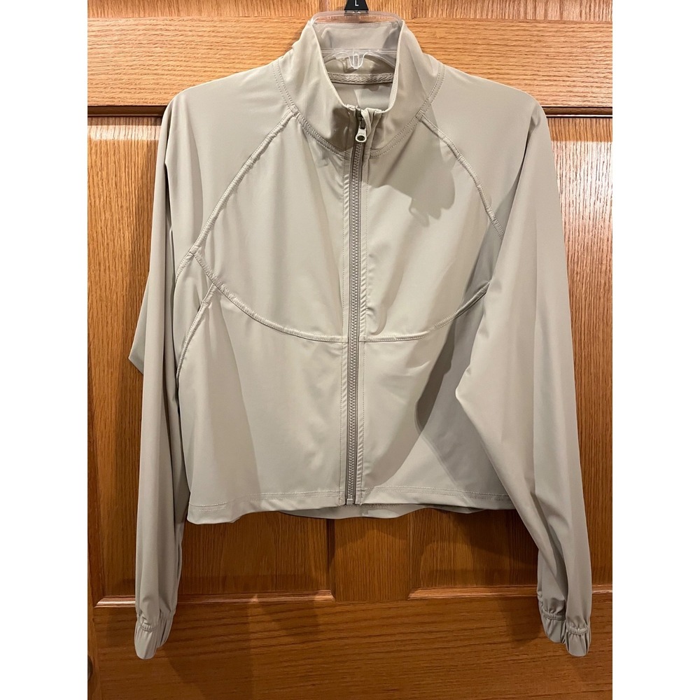 Cropped Length Full-Zip Active Jacket Beige Workout Zipper Pockets Womens Small